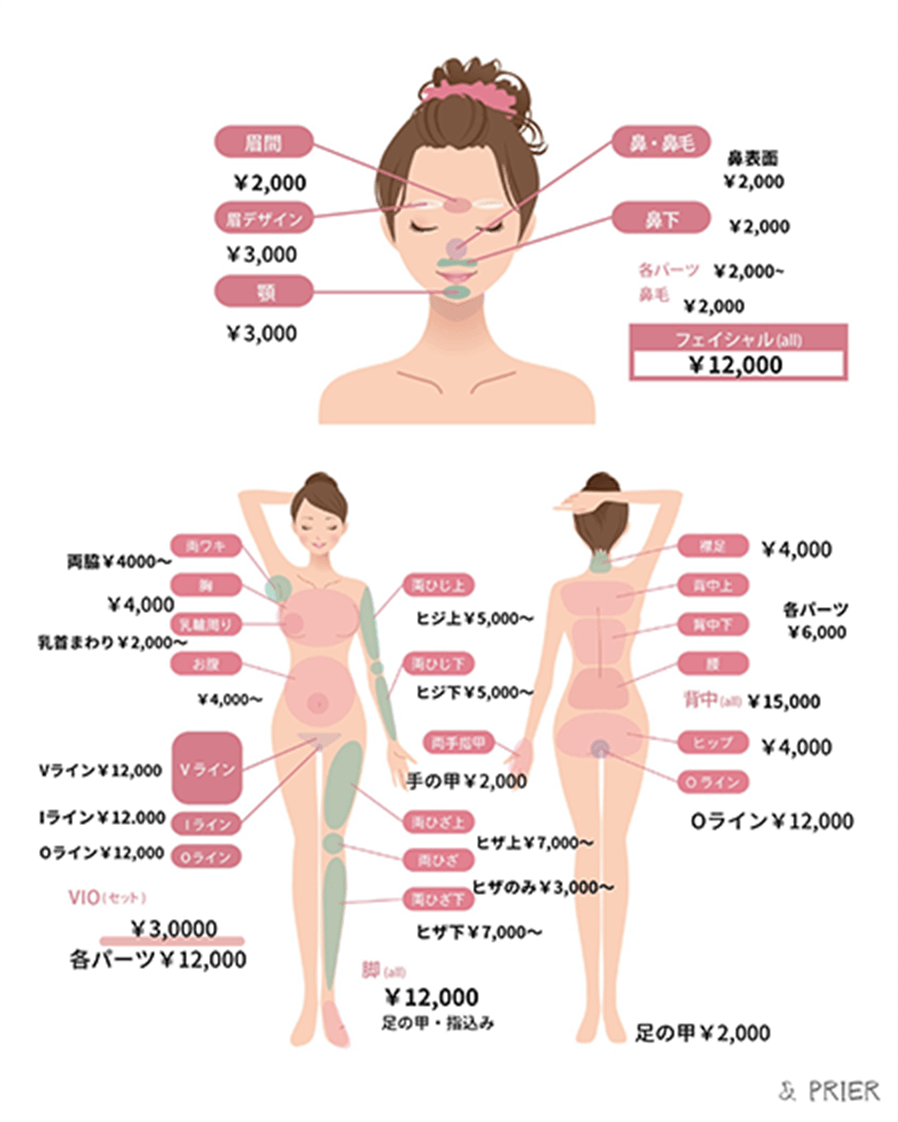 女性の部位・パーツ別の料金表